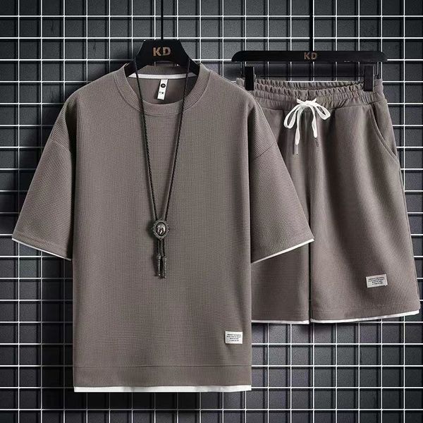 

mens tracksuits waffle pattern 2piece mens shorts set summer sportswear mens fashion clothing harajuku style fashion loose fitting sportswea, Gray