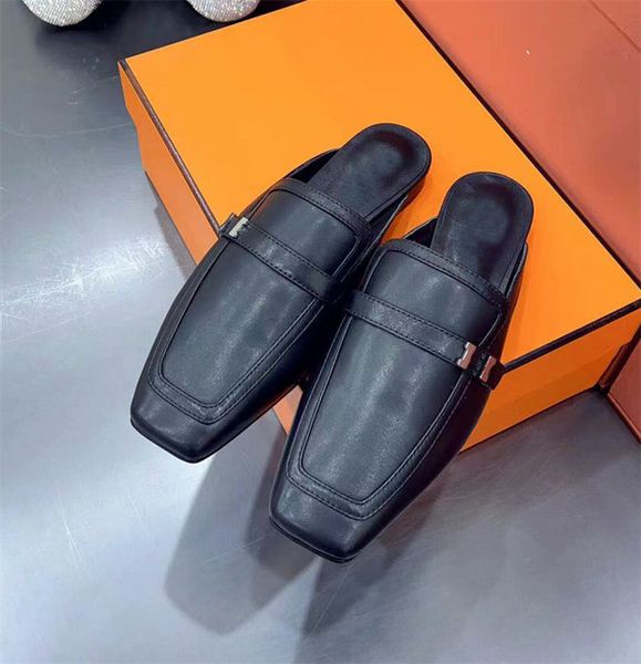 

designer women's slippers fashion real belt buckle flat heel baothead half drag casual comfortable back empty lazy shoelace box, Black