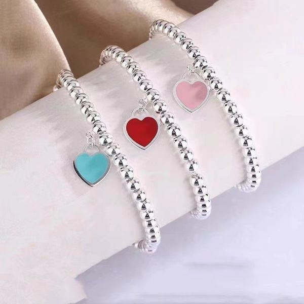 

tiffanyy fashion design women's beaded charm bracelet 925 sterling silver red pink blue heart luxury jewelry gift