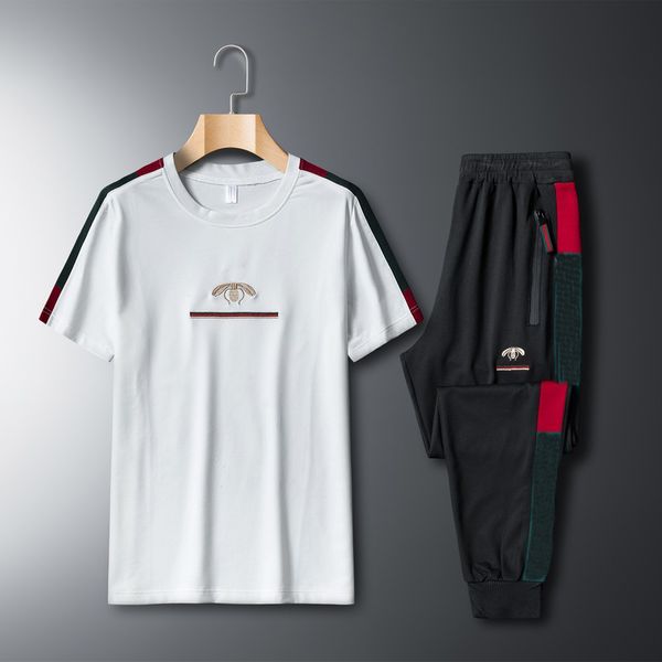 

men's tracksuits elastic casual embroidered short sleeve o-neck suit fitness sports trousers set two piece tracksuit men streetwear clo, Gray