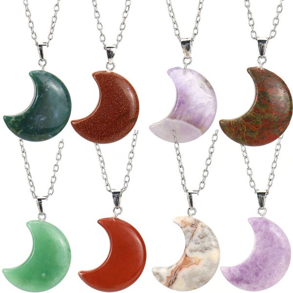 

natural stone moon necklace rose quartz amethysts charka necklaces for women jewelry, Silver