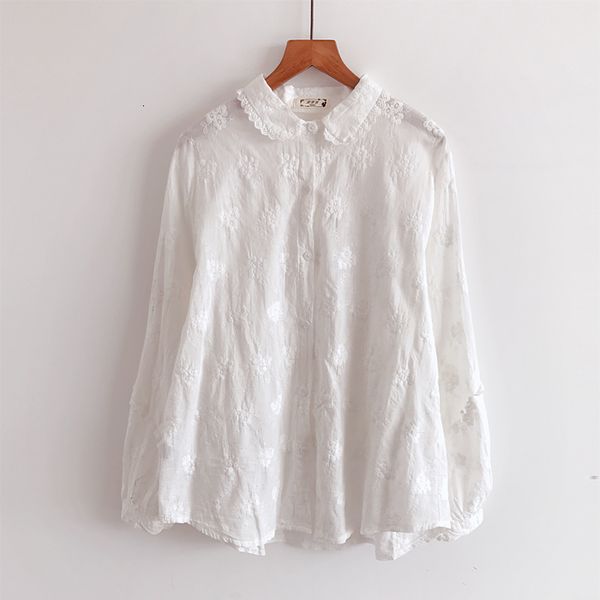 

women's blouses shirts autumn women blouse white cotton embroidery lace peter pan collar long sleeve loose casual shirt 230512