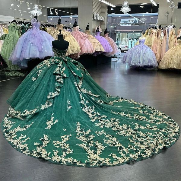 

lace-up corset ruffles bow back quinceanera dresses hunter green sweetheart 3d flowers gold appliques prom vestidos de xv anos, Blue;red