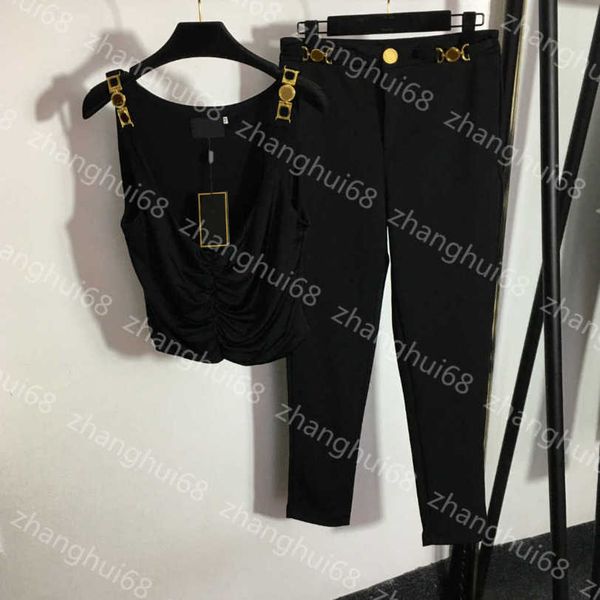 

23ss casual suit womens designer clothing women pants sets metal shoulder buckle vest slim and slim binding feet casual pants set women clot, White