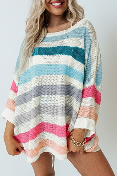 

women multicolor striped knit with chest pocket, White;black