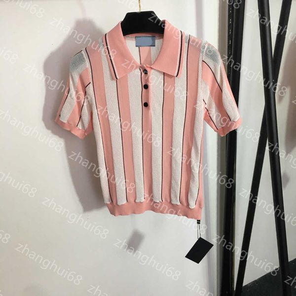 

23ss womens knits womens designer clothing contrasting color striped polo neck short sleeve hollowed out breathable sweater womens clothes, White