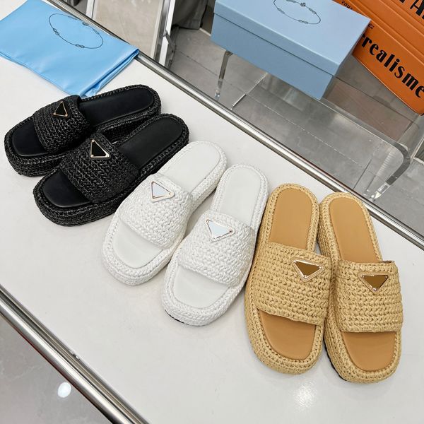 

designer slippers triangle buckle raffia straw espadrilles women thick bottom sandals slip on mules slides lady platform wedges square toe f, Black