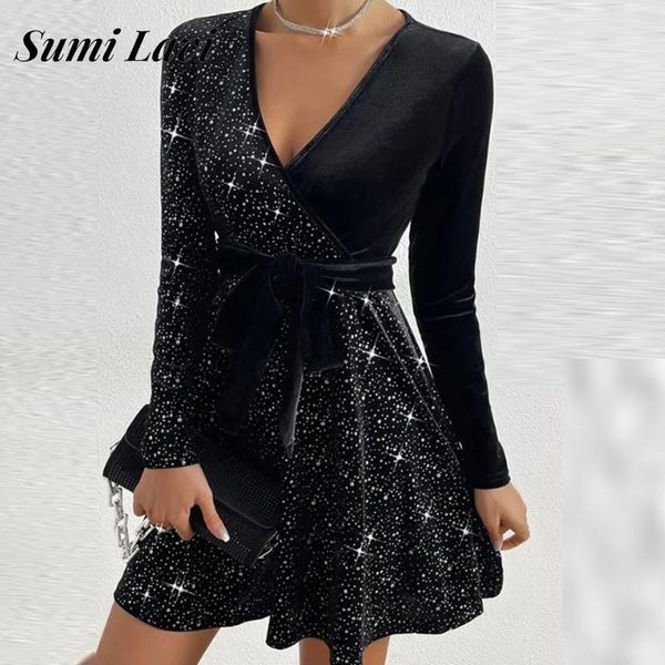 

dresses new v neck long sleeve mini dress fashion ladies back patchwork waisted lace up dress elegant women shiny party short dress, Black;gray