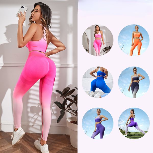 

high-waisted peach buttocks fitness pants female high-elasticity sports yoga clothing seamless gradient color sports suit