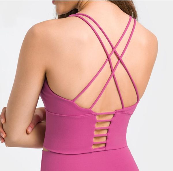 

lu-95 yoga tanks sports bra solid color thin shoulder strap cross back sports gym clothes women underwears backless fitness bra small sling, White