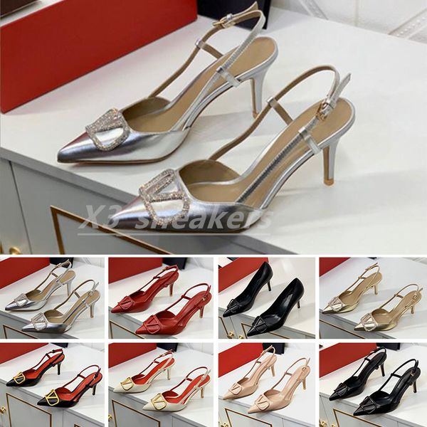 

luxury brand high heel sandals women summer designer pointed shoes classics gold-v metal buckle 4cm 6cm 8cm 10cm thin heels red wedding shoe, Black