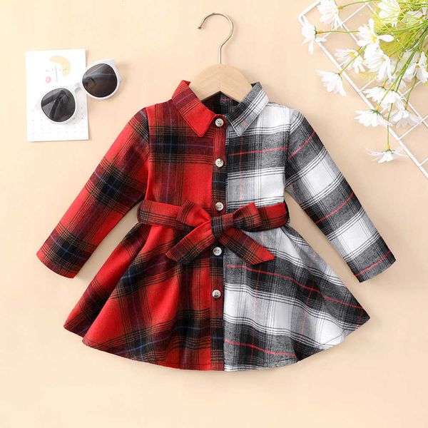 

girls' shirt dress, children's single breasted long sleeved skirt, pure cotton, baby girl, large plaid skirt, Red;yellow