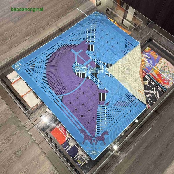 

hemres designer scarves shuangma woqing real women's summer 90 high end square hangzhou silk double sided printing fashion shawl scarf, Blue;gray