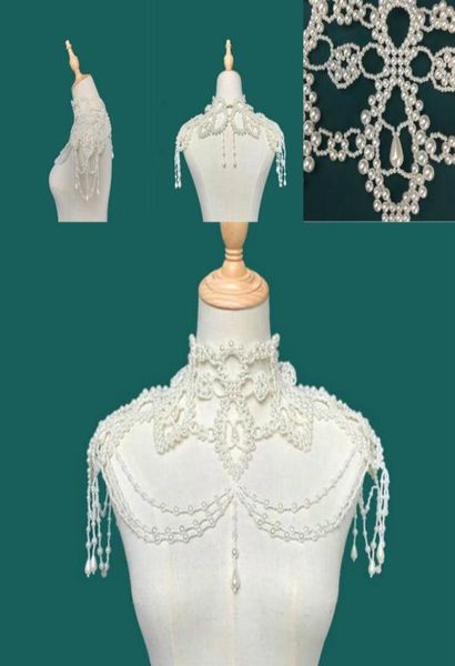 

elegant pearl beaded bridal jackets 2020 fashionable handmade bride wedding banquet bolero wrap cape bride accessories in stock4531197, White