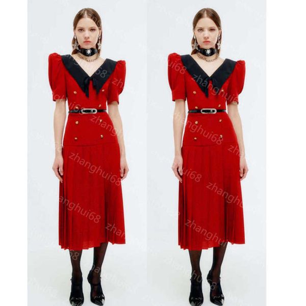 

23ss summer dress womens designer clothing women dresses lapel retraction waist slimming large swing bubble sleeve wave dot belt dress long, Black;gray