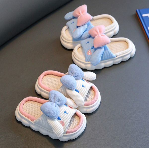 

slipper children' boys girls slippers bowknot slippers cute cartoon rabbit home slippers non-slip soft linen breathable kids slippers, Black;grey