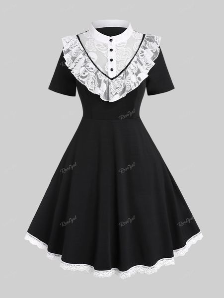 

t-shirt rosegal plus size gothic contrast lace panel retro fit and flare dress women vintage streetwear cosplay dresses vestidos 5xl, Black