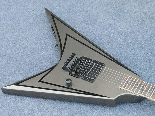 

new flying v-shaped electric guitar, silver grey pink, floyd rose treble system,