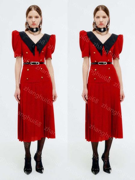 

23ss summer dress womens designer clothing women dresses lapel retraction waist slimming large swing bubble sleeve wave dot belt dress long, Black;gray