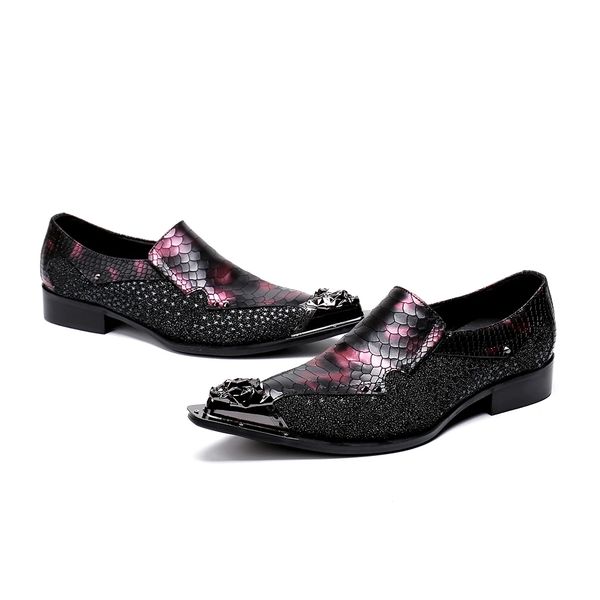 

original luxury stage show banquet shoes elegant metal pointed toe evening shoes fashion male genuine leather prom shoes, Black