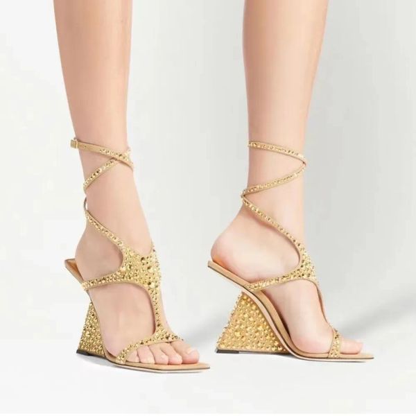 

Rhinestone padded suede Wedge sandals high heel open toes Square toe Evening shoes Ankle Wraparound women luxury designer sandal factory footwear