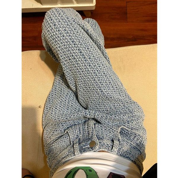 

jeans jacquard woven jeans women's high street style 2023 summer new highwaisted loose straight retro casual pants tide light color, Blue