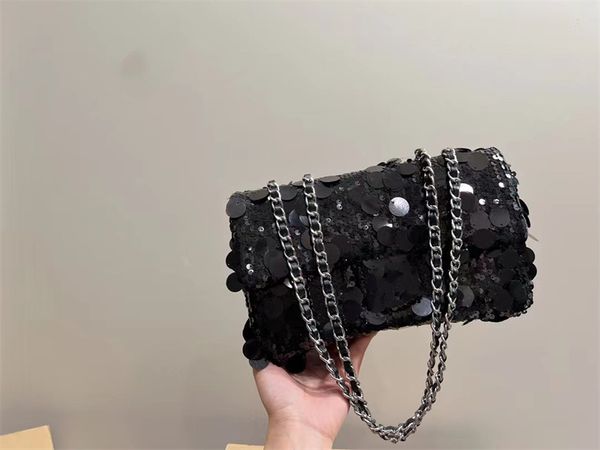 

2023 designer classic sequin shoulder bag fashion women's handbag quilted flap handbag silver metal chain crossbody bag women's wa