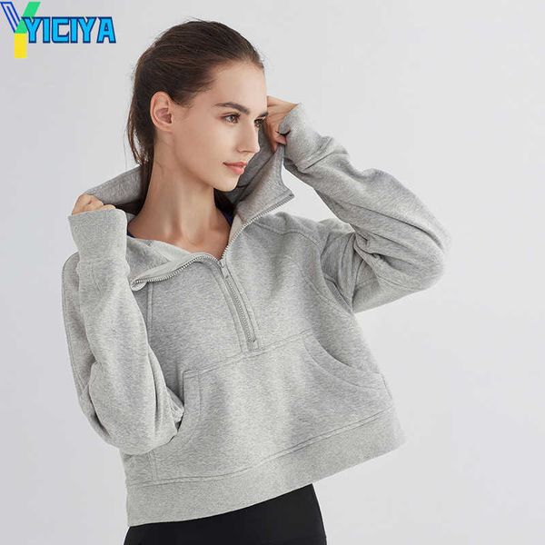 

yiciya sports coat women's half zipper hoodie sweater loose versatile casual baseball suit running fitness yoga gym clothes jacket top, Black
