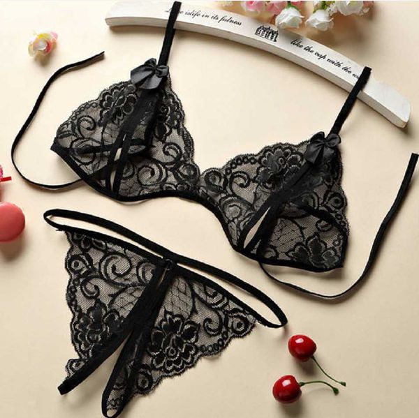 

bikini air bra & panties women new low waisted thonglace-up lingerie set exotic open crotch transparent underwear g-string bandage three-poi, Red;black