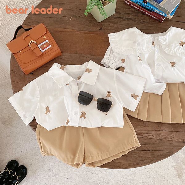 

clothing sets bear leader baby clothes brother and sister matching outfits summer korean boys shirt shorts suit girls blouse skirts set 2305, White
