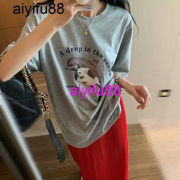 

summer blue cartoon printing short women's t-shirt medium long loose slim half sleeve fashion homemade, White