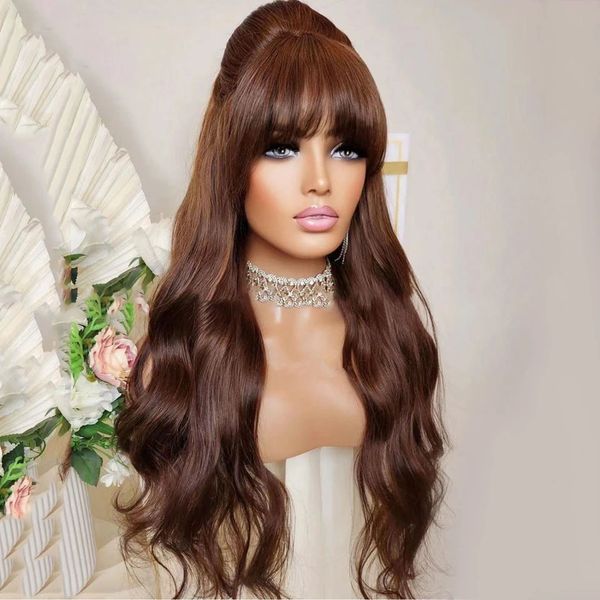 

long wavy chocolate brown transparent lace front synthetic hair wigs straight with bangs lace frontal fringe wigs daily wear, Black
