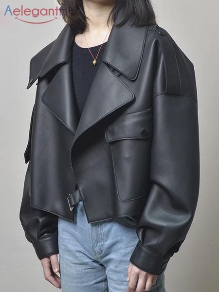 

fur aelegantmis black short loose pu leather jacket autumn winter soft faux leather jacket street casual outwear ladies biker jacket