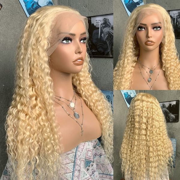 

40 Inch 613 Honey Blonde Curly Lace Front Human Hair Wig Brazilian Deep Wave Colored Synthetic Frontal Wigs For Women Natural Hairline 88, Wig cap