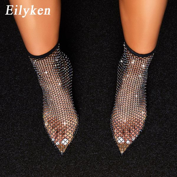 

boots eilyken design crystal mesh stretch fabric sock boots fashion pvc transparent pointed toe shoes high heels 230511, Black