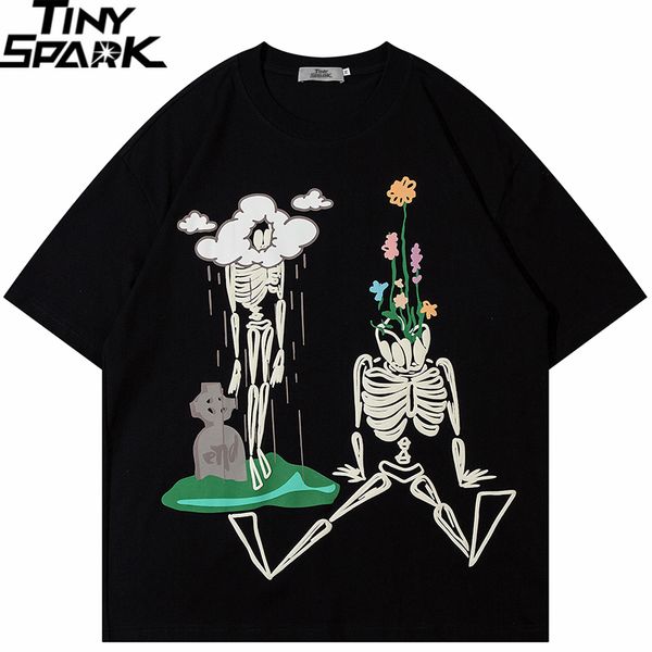 

men's t-shirts men streetwear t shirt funny skull skeleton graphic t-shirt hip hop oversized harajuku tshirt cotton tee loose hipster, White;black