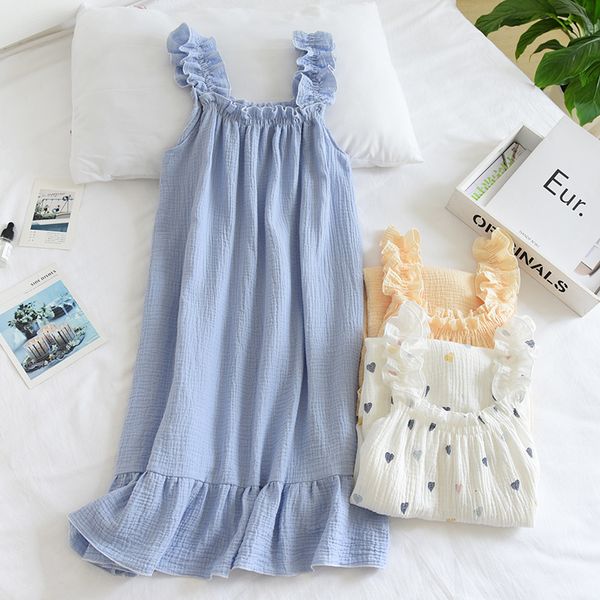 

pyjamas summer style nightdress ladies 100% cotton crepe thin vest suspender skirt loose long sweet and cute home 230512, Black;white