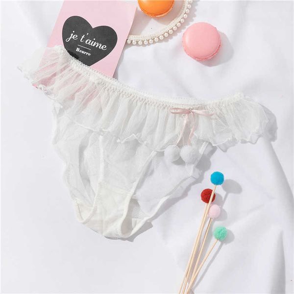 

2023 new lightweight long term breathable mesh cute fur ball series beautiful ruffled underwear for women support customization, Black;pink