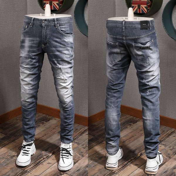 

fade vintage stretch jeans rip slim fit leg men's, Blue
