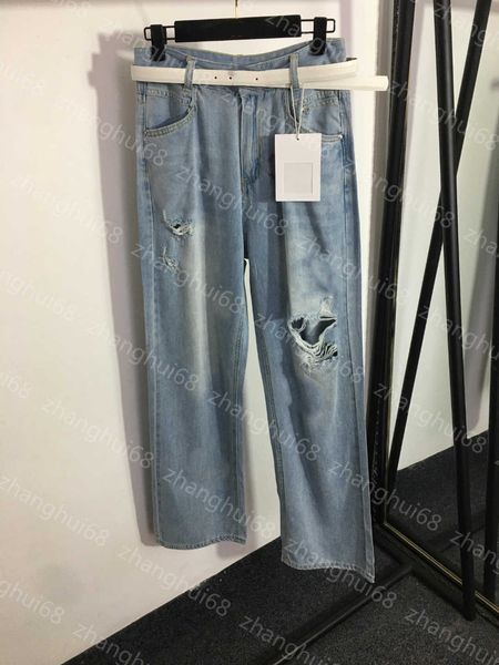 

23ss straight jeans womens pants denim jeans designer women jeans custom logo belt logo drill hole fashion tide denim trousers womens clothi, Blue