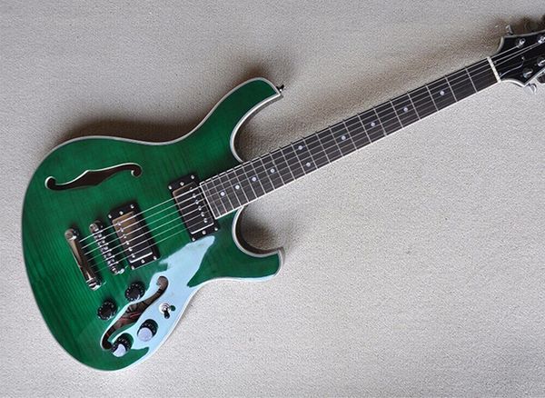 

green semi hollow electric guitar with flame maple veneer, rosewood ,customized