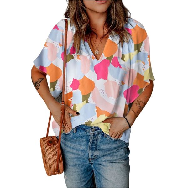 

multicolor floral print v neck half sleeve blouse, White