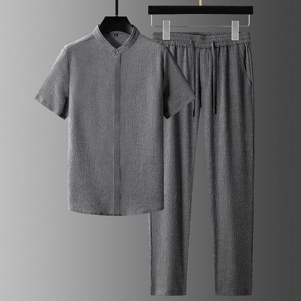 

men's tracksuits summer ultra-thin ice leisure suit mens thread cotton linen two-piece loose sports short sleeved gym clothes baseball, Gray