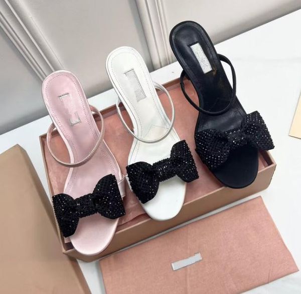 

Miu Bow Rhinestone high heels sandals and slippers Women's new satin belt holiday dress high-heeled sandals Female Crystal Stiletto heels Slippers, Mint green
