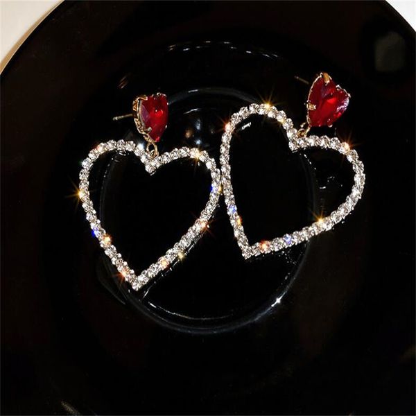

european and american retro red earrings fashion jewelry shiny rhinestone hollow heart shaped drop earrings ae758, Golden