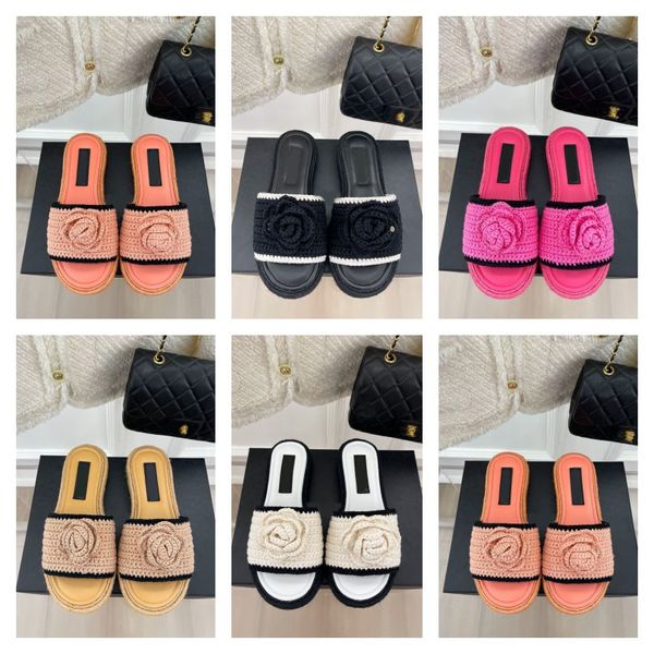

cf women ladies camellia platform slippers raffia straw sandal interlocking c buckle mules thick bottom heels slides black white slip on esp