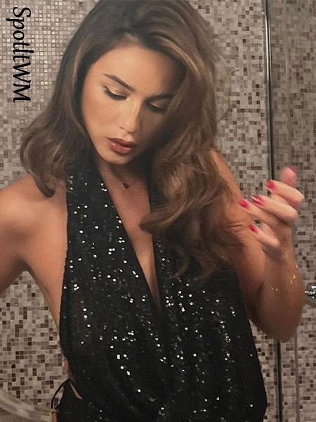 

shirts women fashion shiny sequin tank vintage backless with bow tied lace up vest summer elegant lady solid color party, White