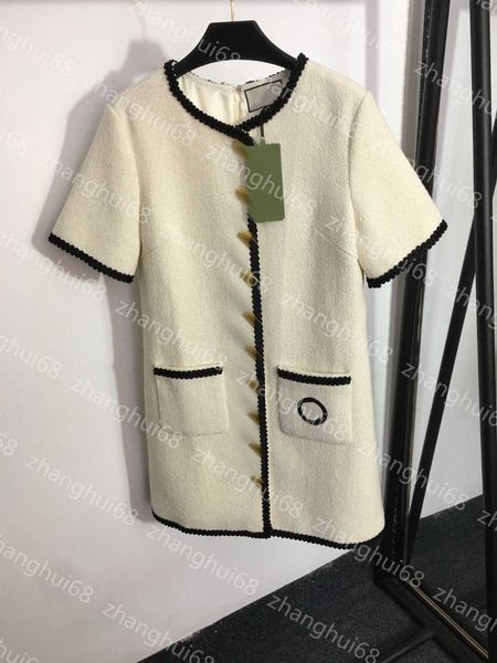 

23ss summer dress womens designer clothing women dresses gg embroidery pocket single breasted wool short sleeve dress womens clothing, Black;gray