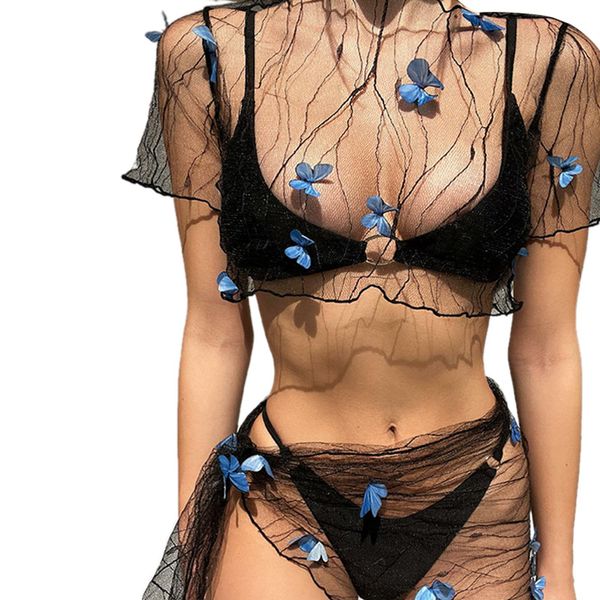 

swimwear women's bikini coverup set mesh sheer threedimensional butterfly decoration short sleeve crop tieup sarong wrap skirt, White;black