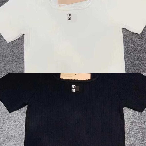 

2023 new summer letter embroidery sleeve knitted women's slim fit big neck short spicy girl women, White